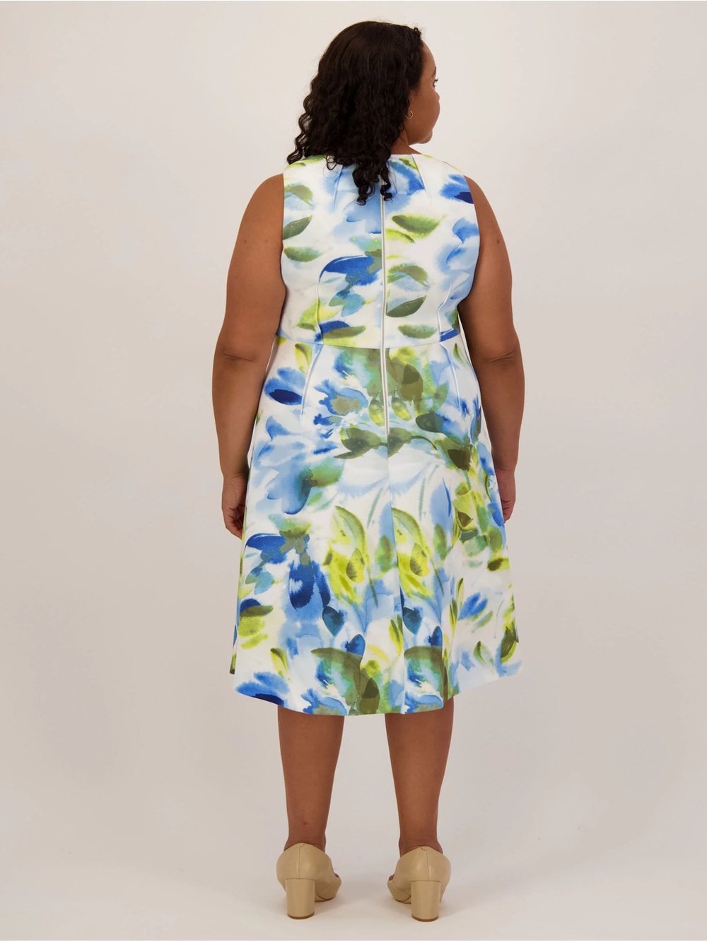 Calvin Klein White Midi Dress with Blue & Green Floral Print - Picture 2 of 2